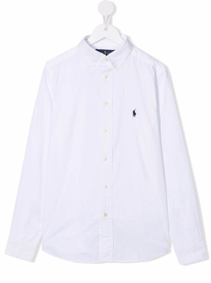 White Long Sleeve Shirt with Logo Embroidery in Cotton Boy And Blouses