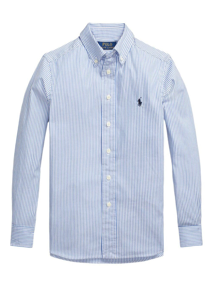 Slim Fit Light Blue Striped Shirt with Embroidered Logo on Chest in Cotton Boy And Blouses