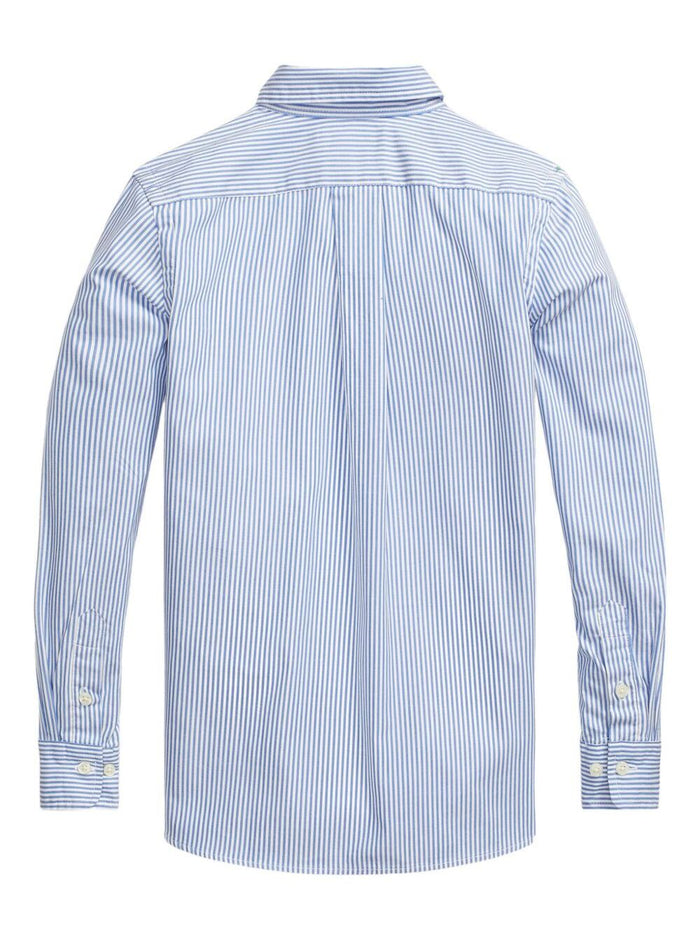 Slim Fit Light Blue Striped Shirt with Embroidered Logo on Chest in Cotton Boy And Blouses