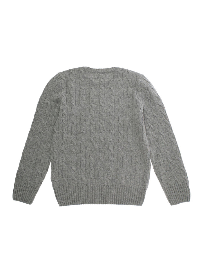 Grey Cable Knit Crewneck Sweater With Pony Embroidery On The Front Wool And Cashmere Boy Jersey