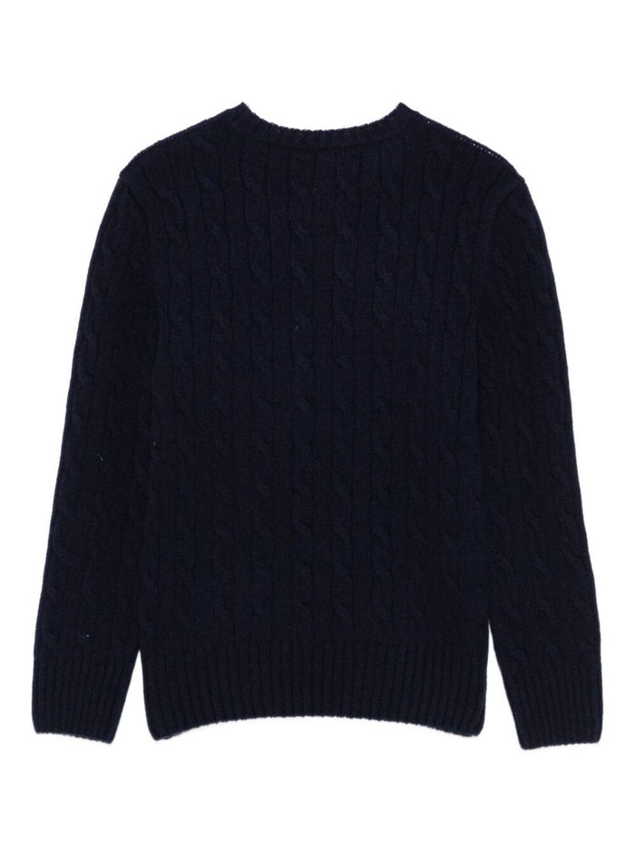 Blue Sweater with Round Neck and Pony Embroidery on the Front in Wool Cashmere Boy Blu Jersey