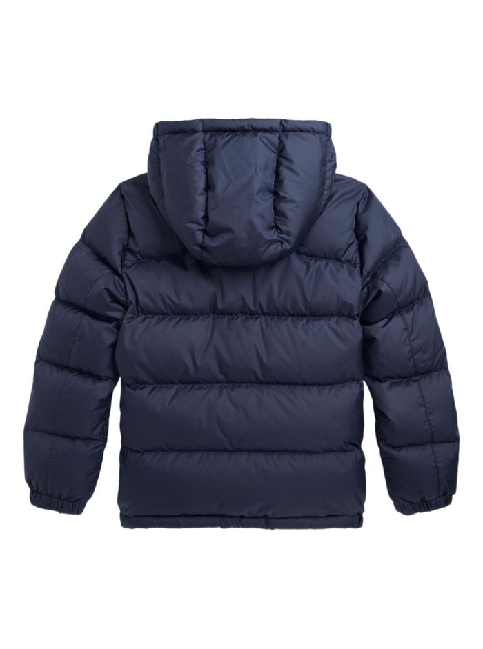 Blue Down Jacket With Fixed Hood And Pony Logo On The Front Tech Fabric Boy Blu Polyester