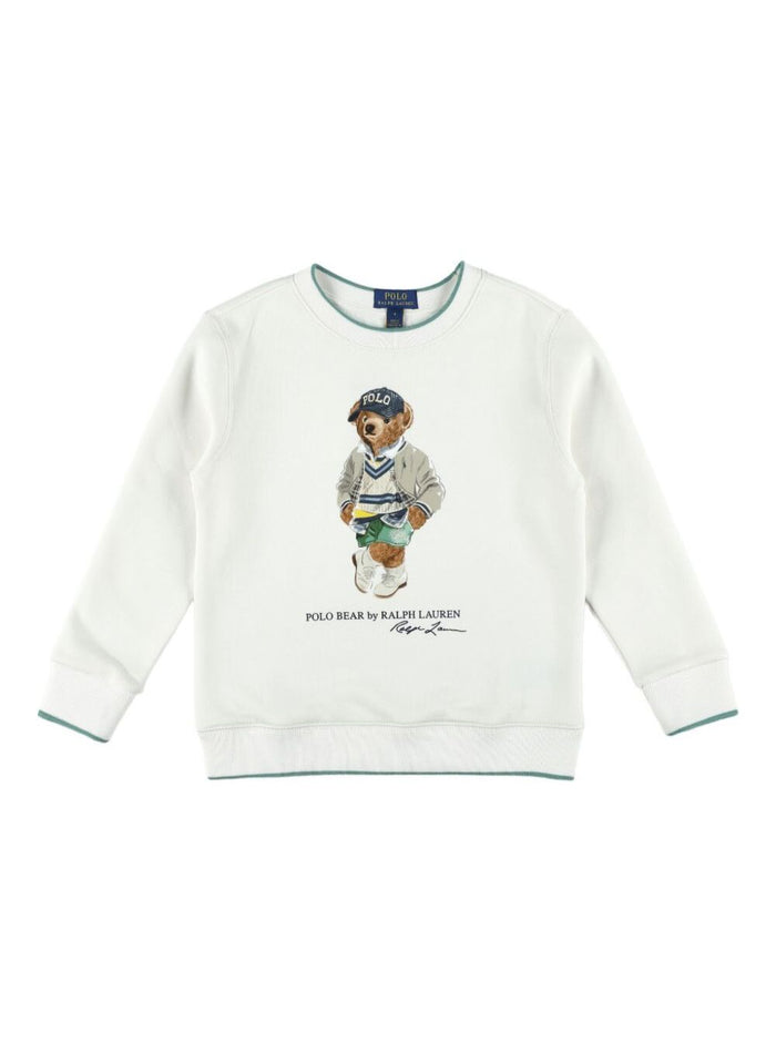 White Sweatshirt With Polo Bear Print On The Front Cotton Boy Polyester Sweatshirts