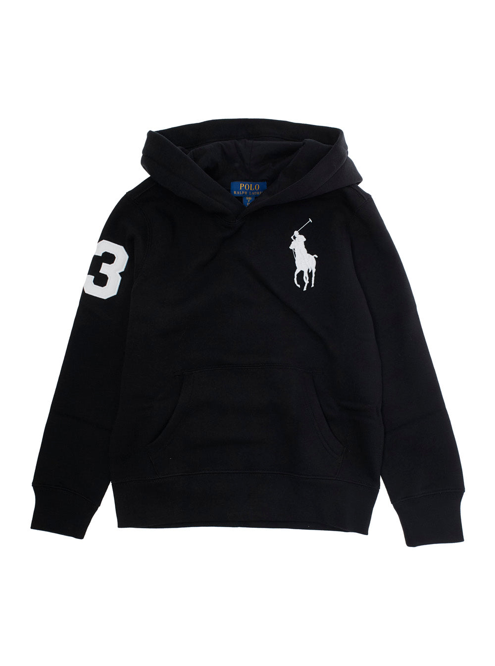 Black Hoodie with Pony on the Front and Numerical Detail Sleeve in Cotton Blend Boy Polyester Sweatshirts