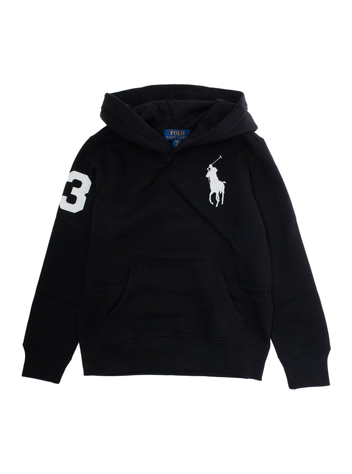 Black Hoodie with Pony on the Front and Numerical Detail Sleeve in Cotton Blend Boy Polyester Sweatshirts