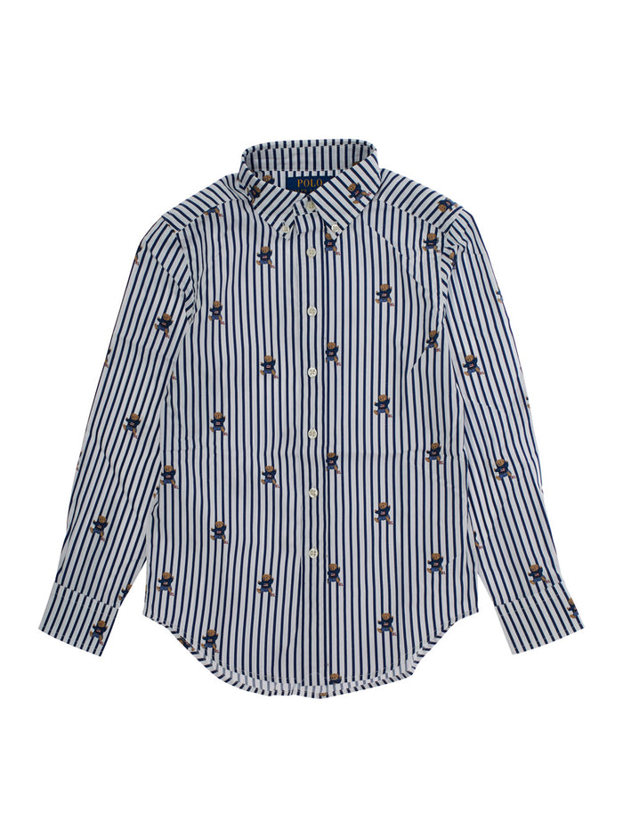 Blue Shirt with All-Over Striped Motif and Bear Print in Cotton Boy Blu Blouses