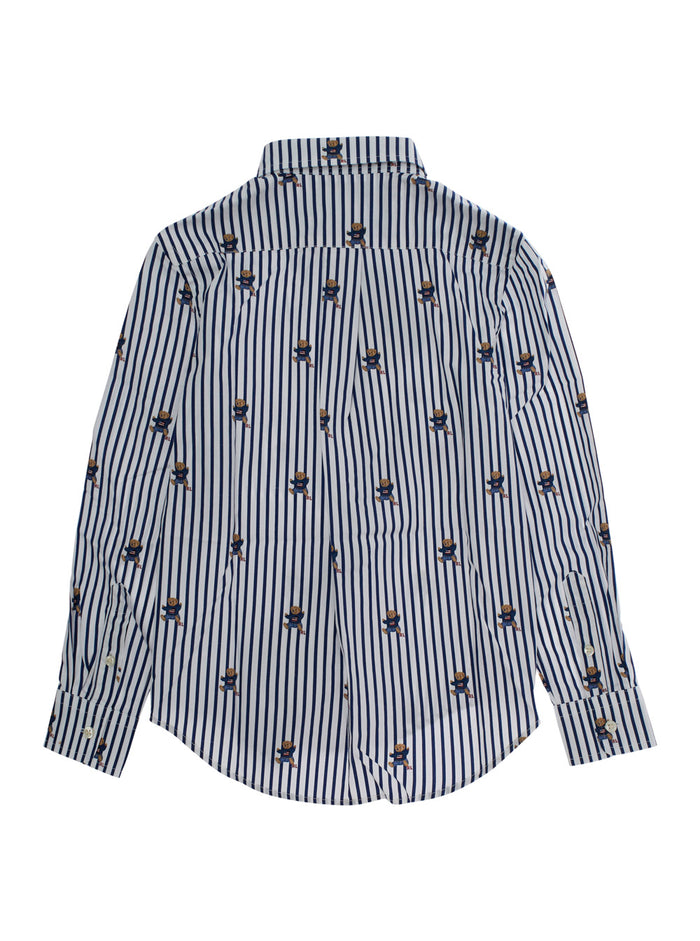 Blue Shirt with All-Over Striped Motif and Bear Print in Cotton Boy Blu Blouses