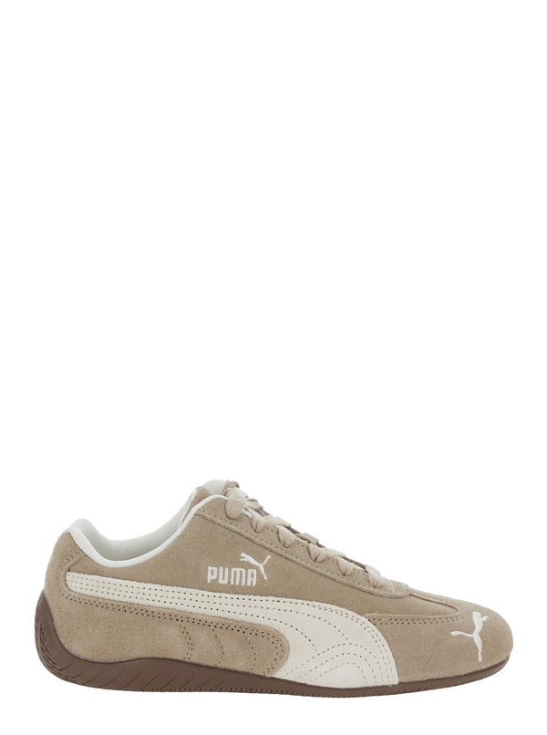 Beige Suede Sneakers With Logo Print Leather Trainers