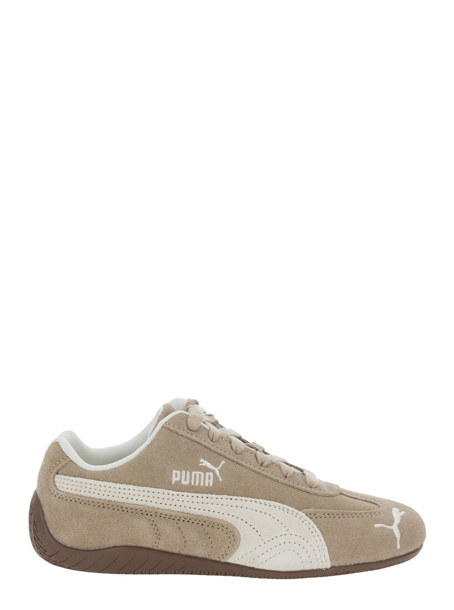 Beige Suede Sneakers With Logo Print Leather Trainers