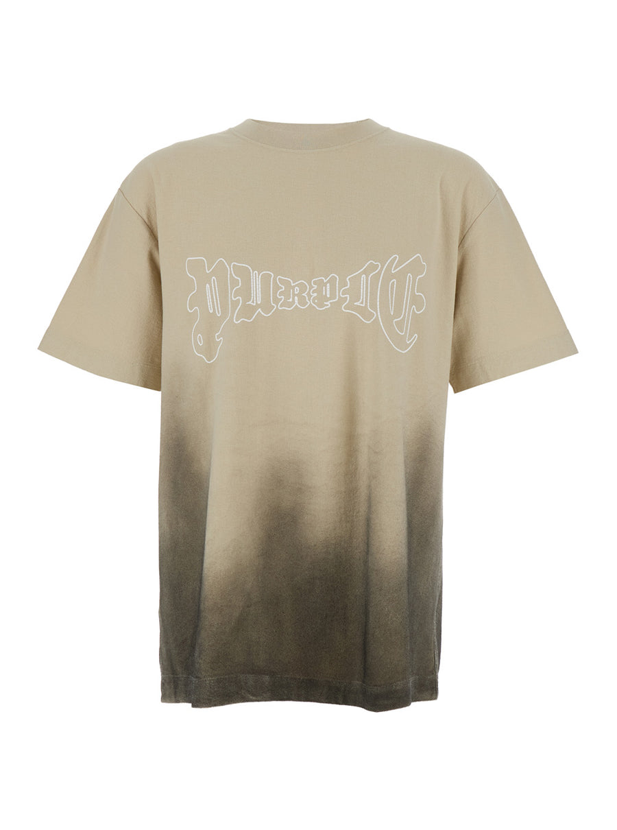 Beige Crewneck T-Shirt With Logo Print Cotton T-shirts