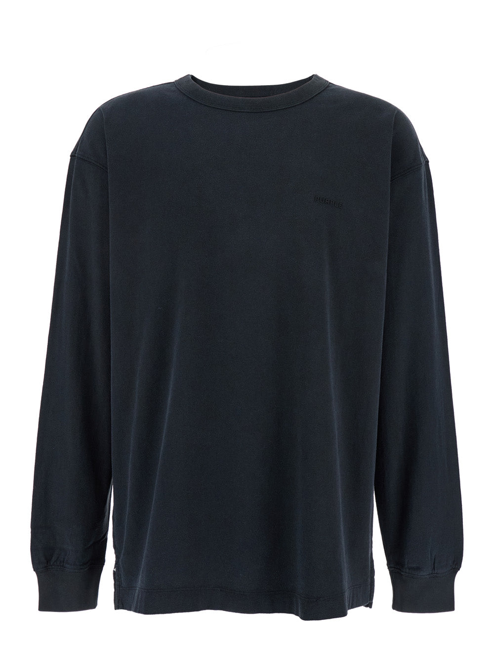 Black Crewneck T-Shirt with Long Sleeves and Tonal Logo Lettering Embroidery on the Front in Cotton Man Jersey