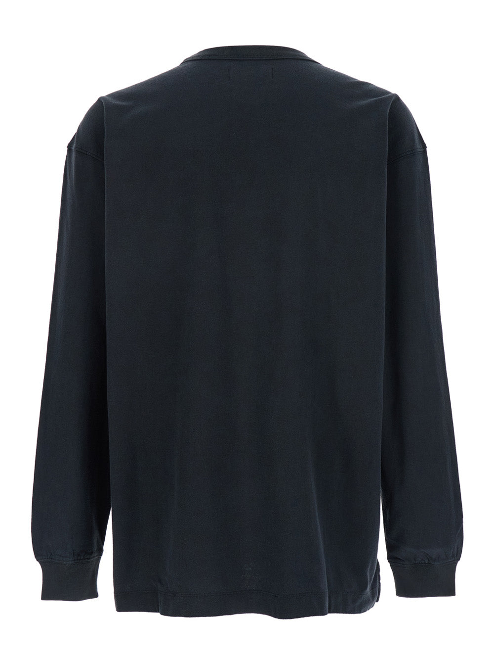 Black Crewneck T-Shirt with Long Sleeves and Tonal Logo Lettering Embroidery on the Front in Cotton Man Jersey
