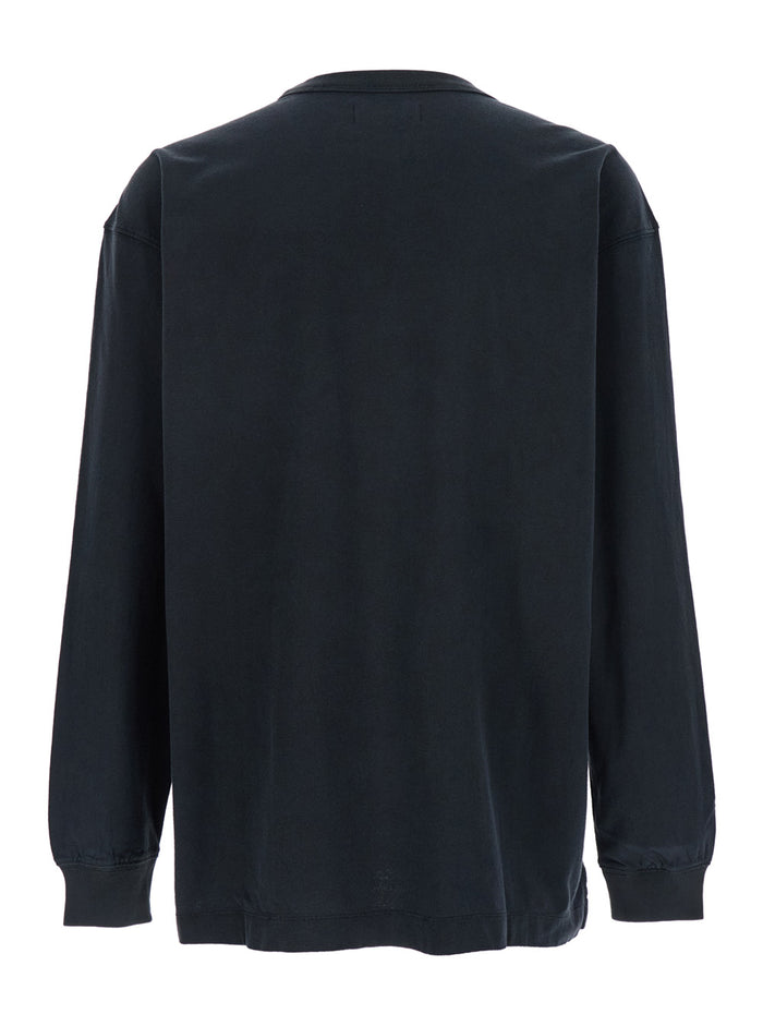 Black Crewneck T-Shirt with Long Sleeves and Tonal Logo Lettering Embroidery on the Front in Cotton Man Jersey