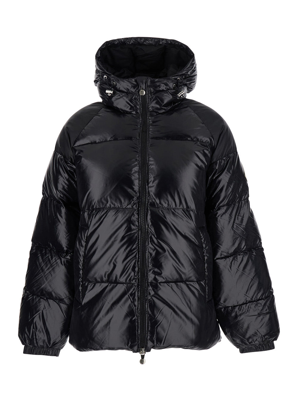 Sten Black Down Jacket with Drawstring Hood and Logo Patch on the Sleeve in Tech Fabric Unisex Polyamide