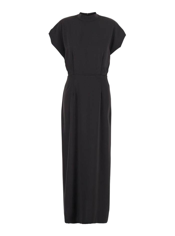 Brown Crewneck Long Dress With Rear Single Slit Fabric Woman