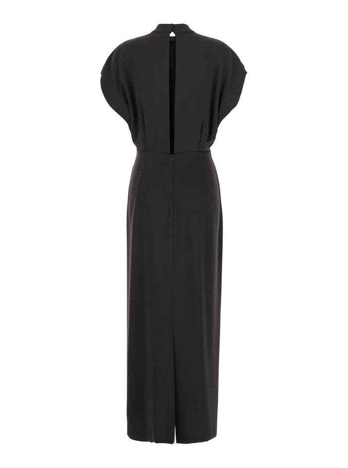 Brown Crewneck Long Dress With Rear Single Slit Fabric Woman