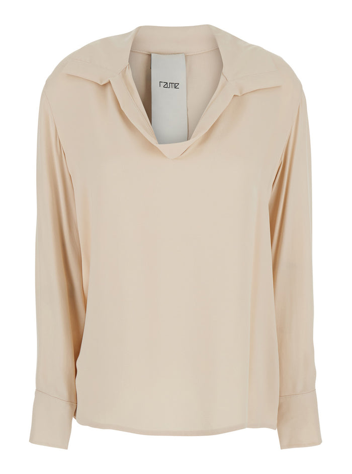 White Shirt With Spread Collar V Neck Fabric Woman Rayon And Blouses