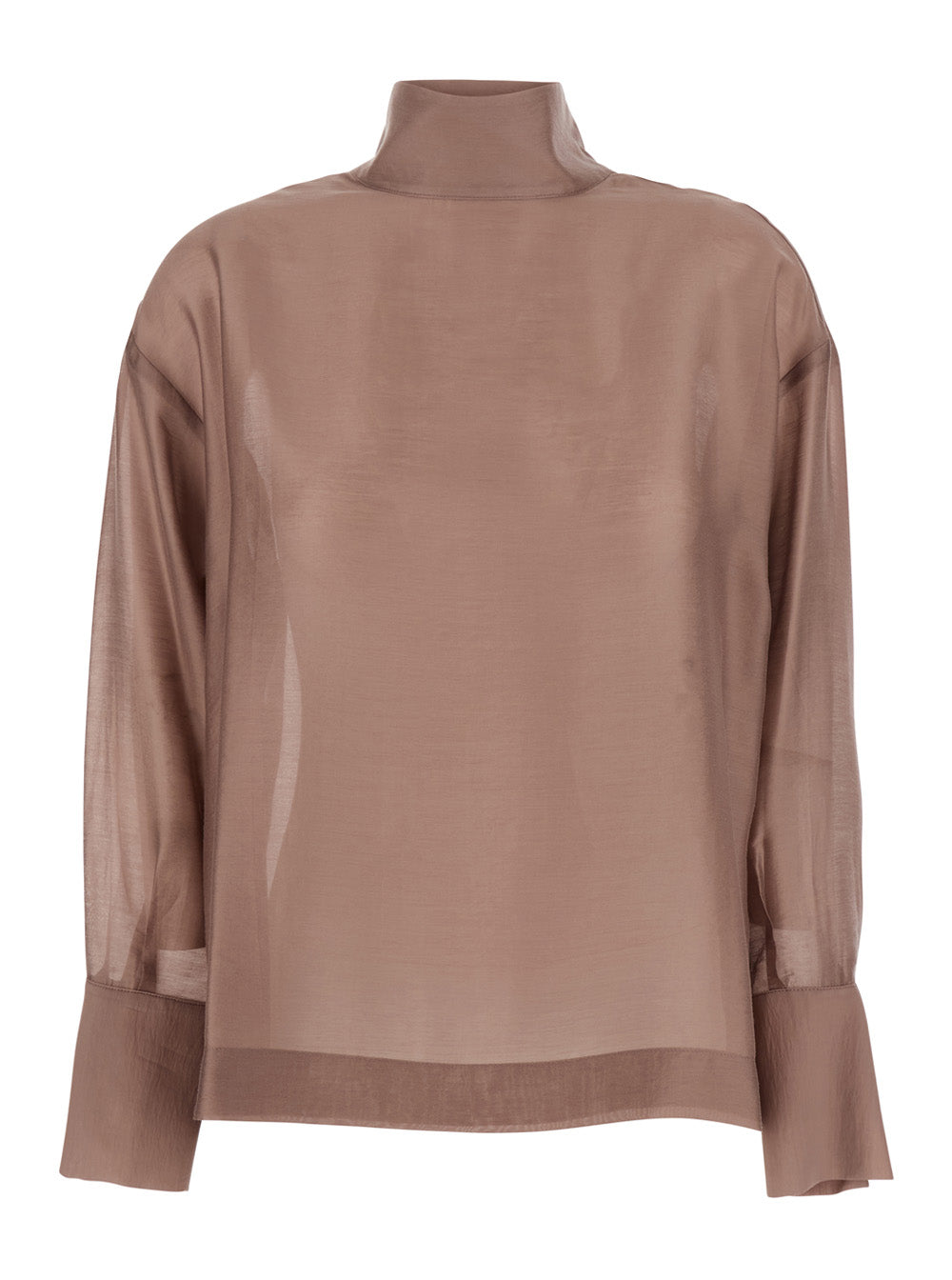 Beige Turtleneck Pullover With Buttoned Cuffs Tech Fabric Woman Shirts And Blouses