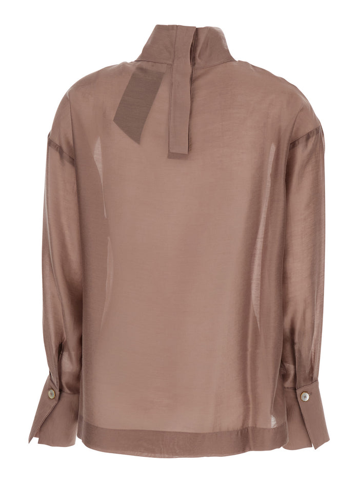 Beige Turtleneck Pullover With Buttoned Cuffs Tech Fabric Woman Shirts And Blouses