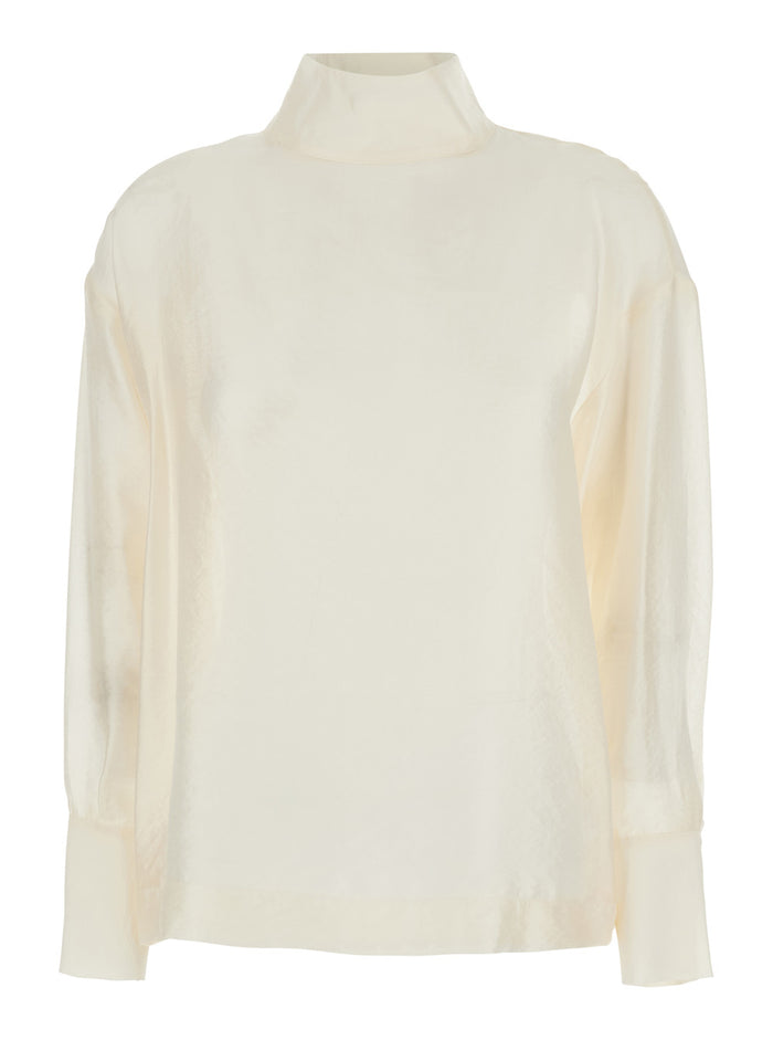 White Turtleneck Pullover With Buttoned Cuffs Tech Fabric Woman Shirts And Blouses