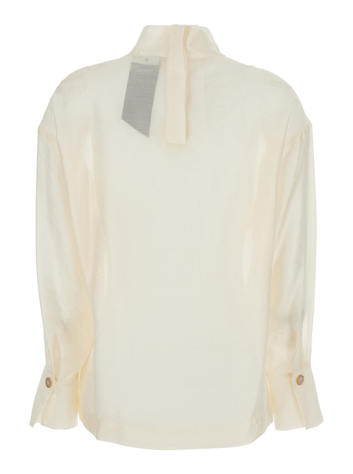 White Turtleneck Pullover With Buttoned Cuffs Tech Fabric Woman Shirts And Blouses