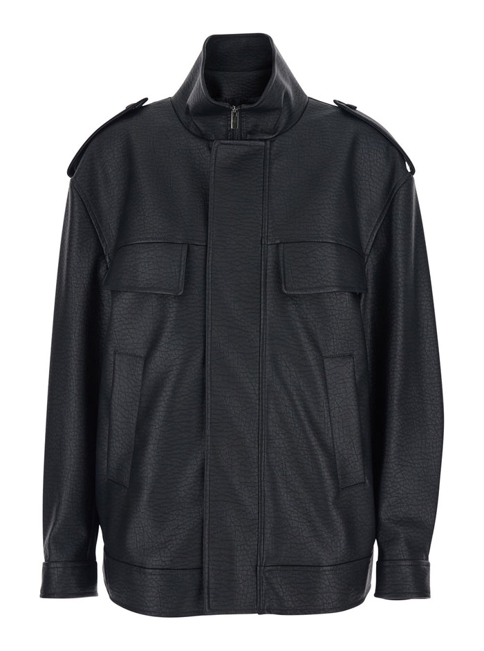 Black Jacket With High Neck And Front Pockets Faux Leather Woman Polyurethane Polyester