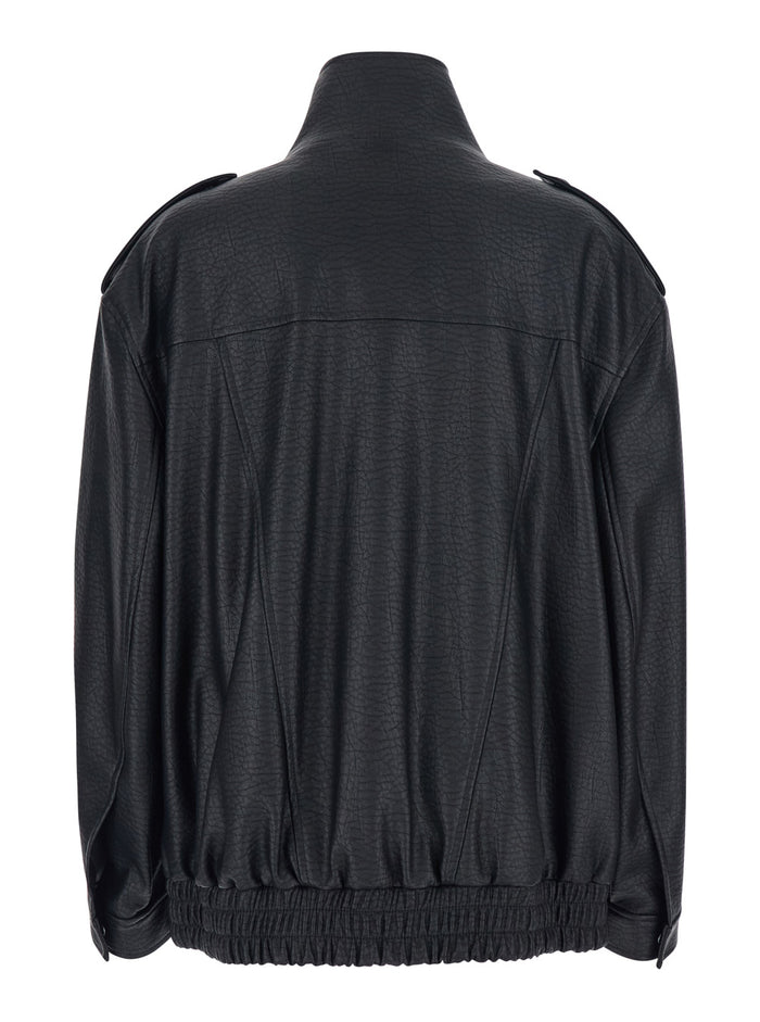 Black Jacket With High Neck And Front Pockets Faux Leather Woman Polyurethane Polyester