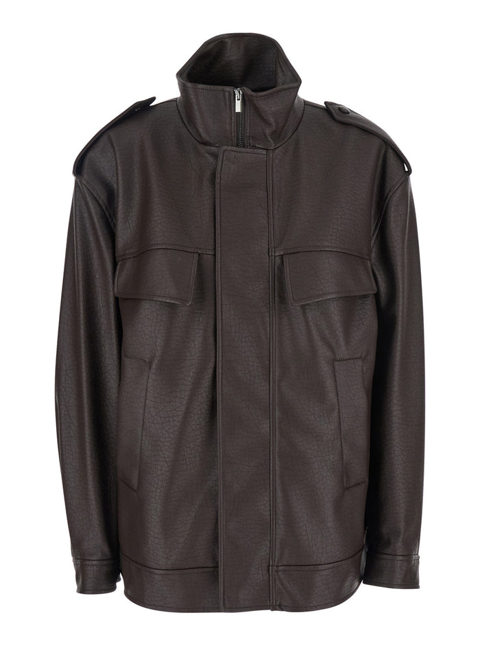 Brown Jacket With High Collar And Patch Pockets Hammered Leather Woman Polyurethane Polyester
