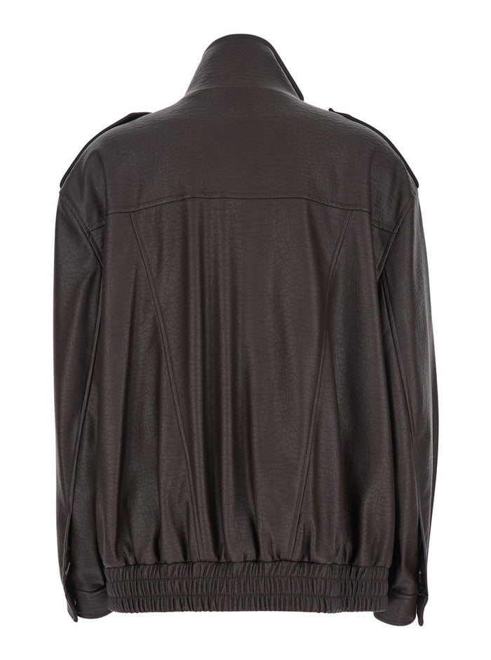 Brown Jacket With High Collar And Patch Pockets Hammered Leather Woman Polyurethane Polyester
