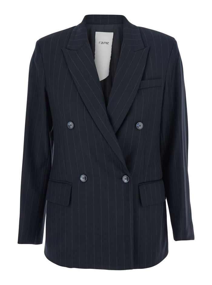 Blue Double-Breasted Jacket With Peak Revers And Pinstripe Motif Fabric Woman Blu Blazers