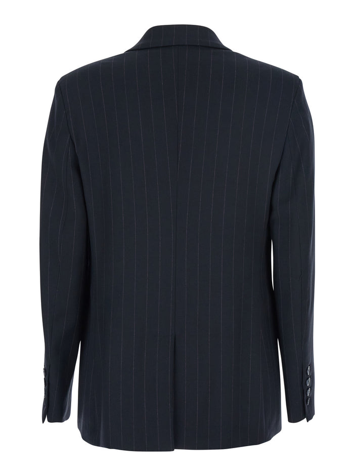 Blue Double-Breasted Jacket With Peak Revers And Pinstripe Motif Fabric Woman Blu Blazers