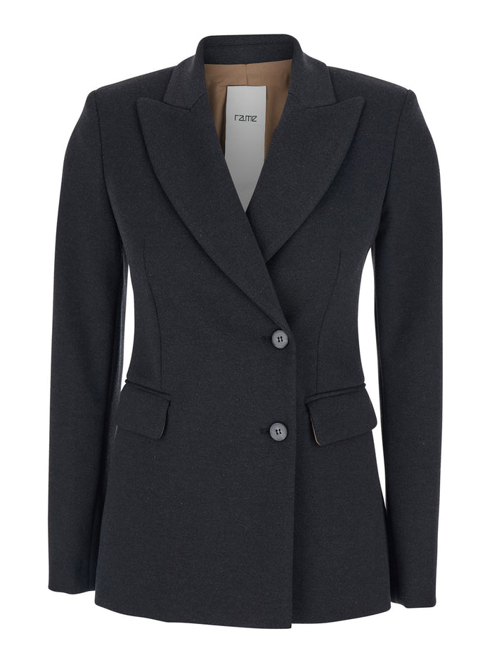 Grey Double-Breasted Jacket With Peak Revers Viscose Blend Stretch Woman Blazers