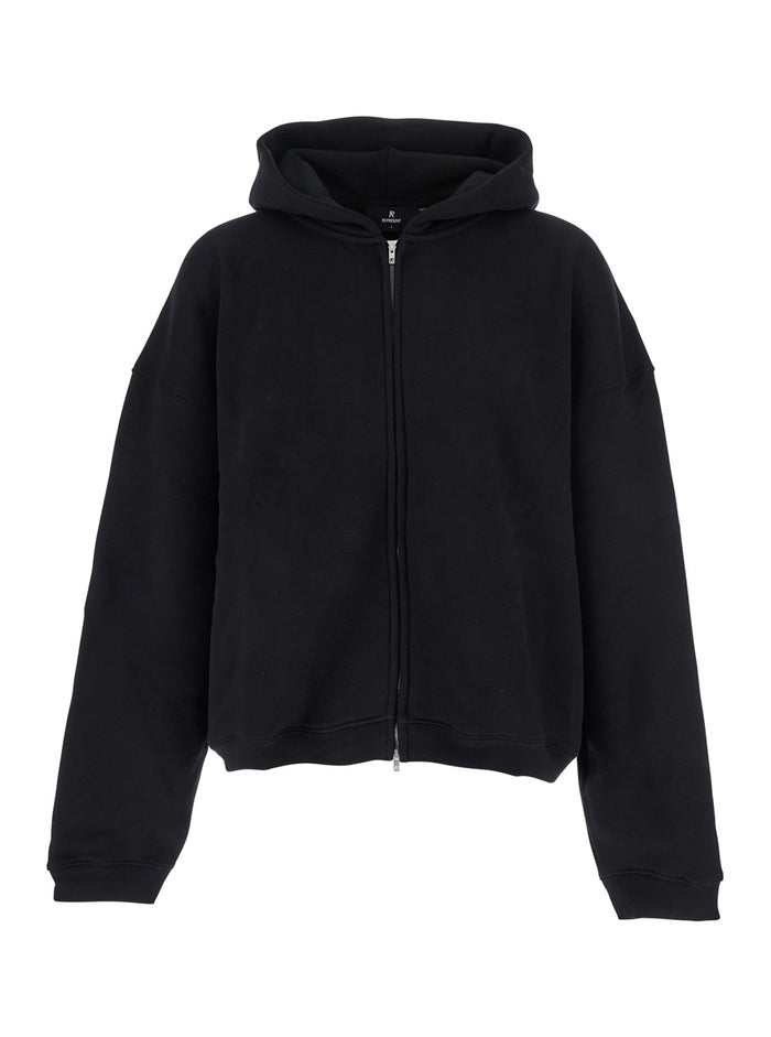 Black Sweatshirt With Logo Embroidery On The Hood And Dropped Shoulders Cotton Man Sweatshirts