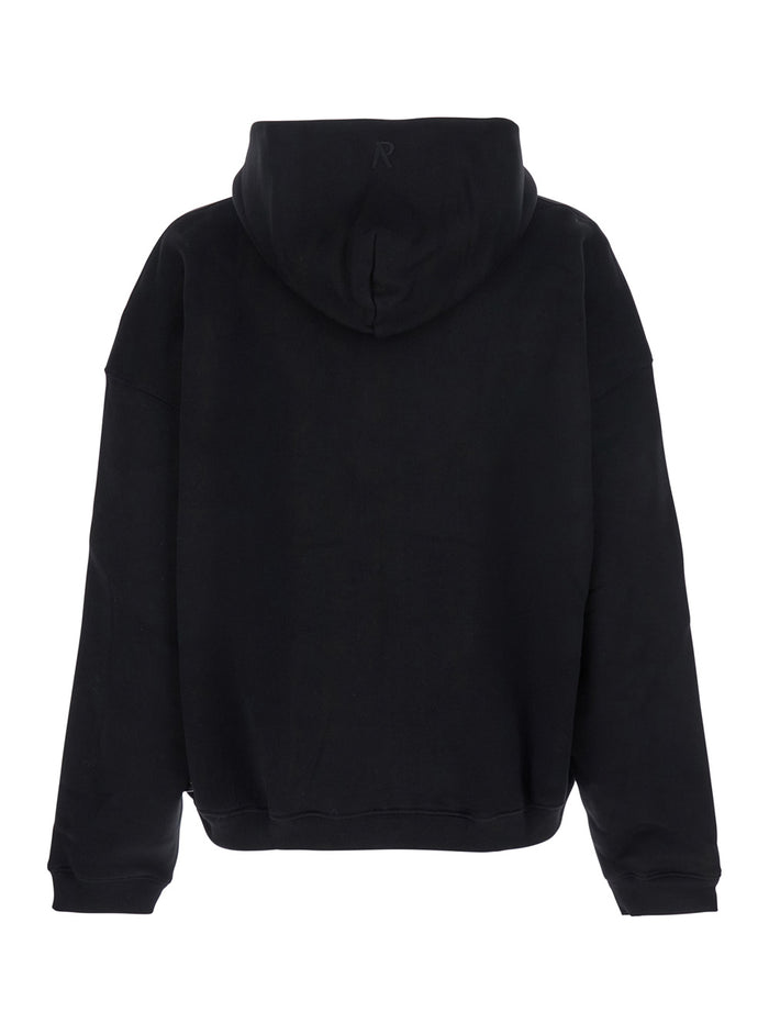 Black Sweatshirt With Logo Embroidery On The Hood And Dropped Shoulders Cotton Man Sweatshirts