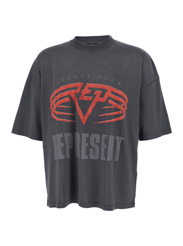 Grey Crewneck T-Shirt With Logo Print Cotton T-shirts