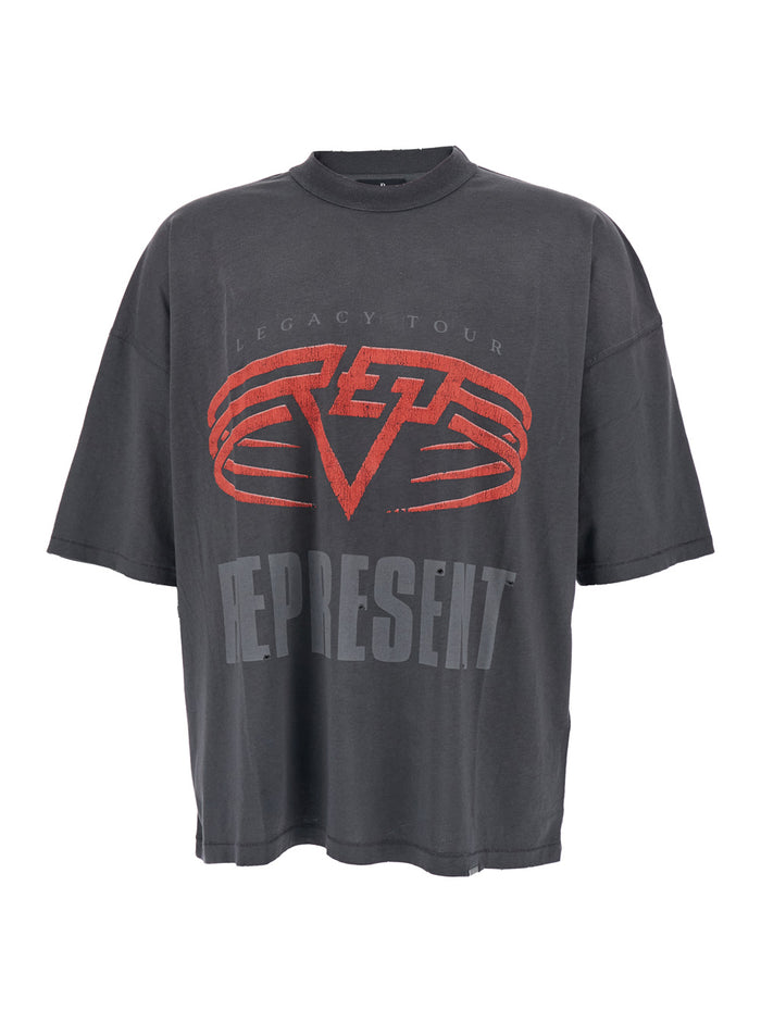 Grey Crewneck T-Shirt with Maxi Logo Print on Front and Rear in Cotton Blend Man Tshirts Polo Shirts