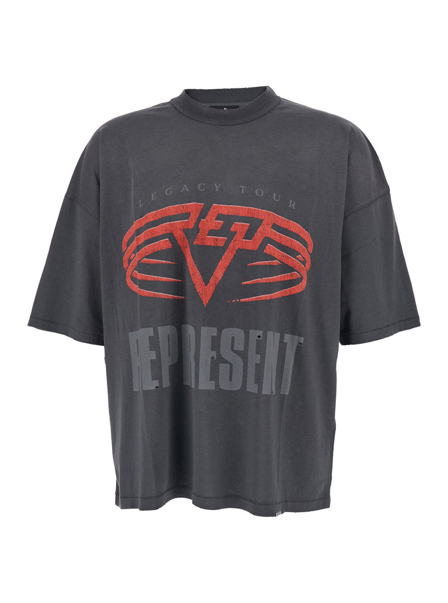 Grey Crewneck T-Shirt With Logo Print Cotton T-shirts