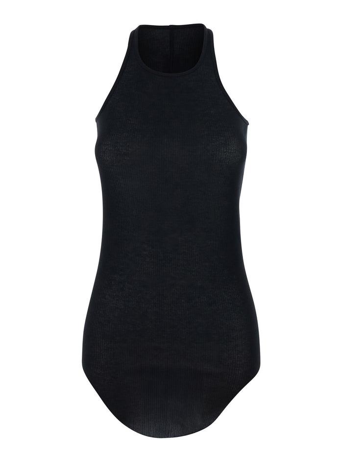 Black Top with U-Neck and Ribbed Desgin in Viscose Silk Blend Woman Tops