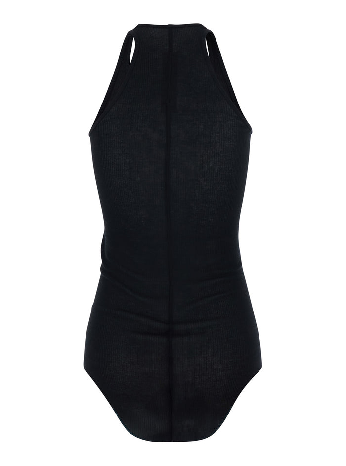 Black Top with U-Neck and Ribbed Desgin in Viscose Silk Blend Woman Tops