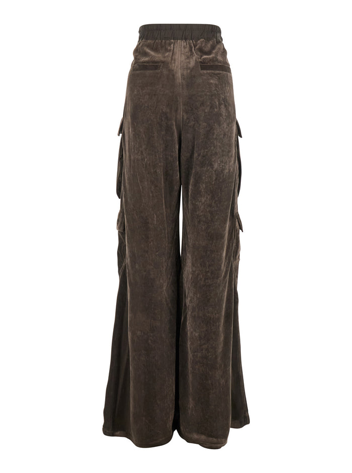 Cargo Belas Brown Pants with Drawstring Waist and Pockets in Velvet Woman Viscose Silk Trousers
