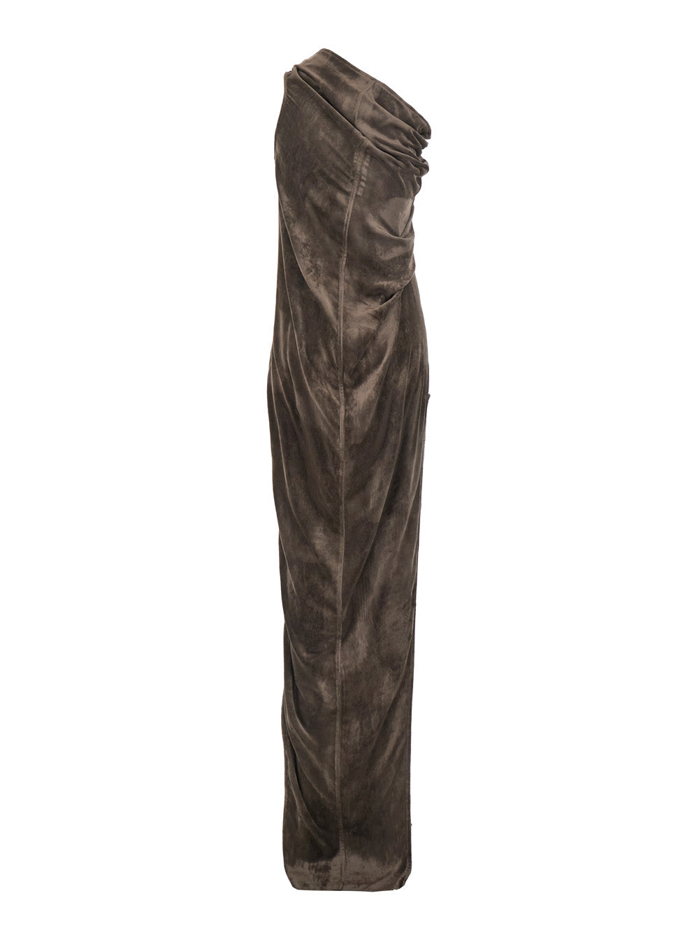 Athena Arrowhead Brown Asymmetric Long Dress with Ruched Neckline and Side Single Slit in Viscose Blend Woman Silk