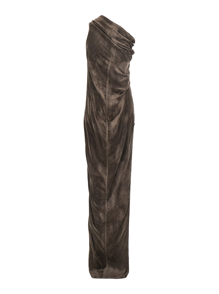 Athena Arrowhead Brown Asymmetric Long Dress with Ruched Neckline and Side Single Slit in Viscose Blend Woman Silk