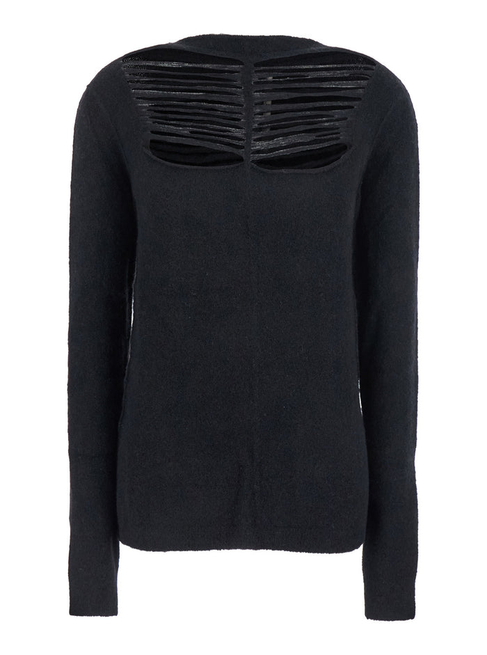 Black Sweater with Distressed Effect and Cut-Out Details on the Front in Alpaca Blend Woman Nylon Wool Elastane Jersey