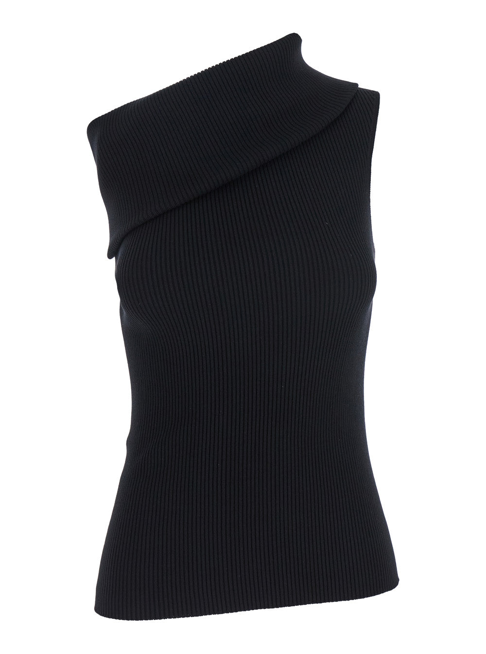 Athena Black Ribbed Knit Asymmetric Top with Wide Neckline in Cotton Woman Viscose Polyester Tops