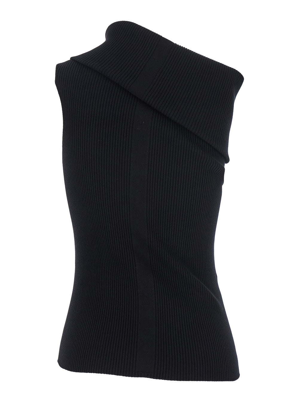 Athena Black Ribbed Knit Asymmetric Top with Wide Neckline in Cotton Woman Viscose Polyester Tops