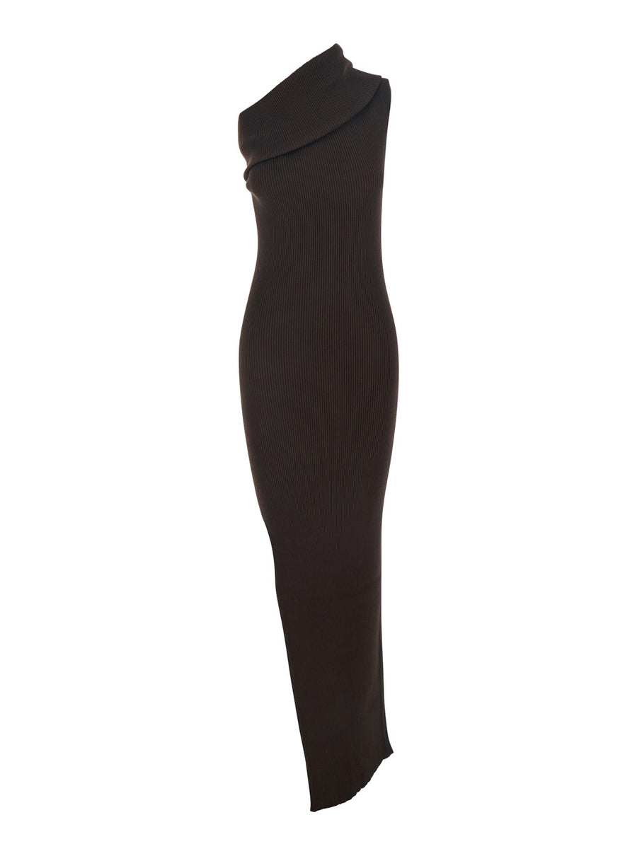 Brown Ribbed Knit Sleeveless Asymmetric Long Dress Viscose