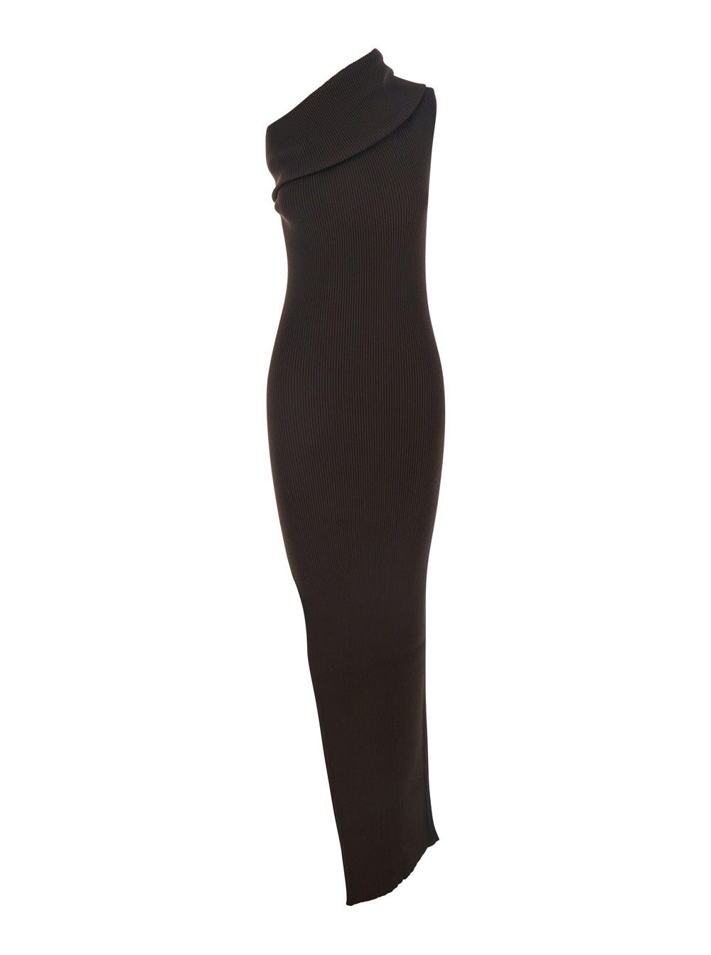 Athena Brown Ribbed Knit Sleeveless Asymmetric Long Dress with Wide Neckline in Viscose Blend Woman Polyester