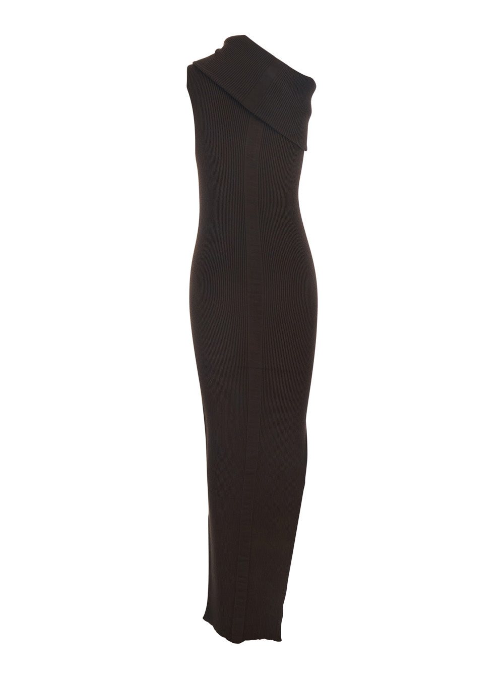 Athena Brown Ribbed Knit Sleeveless Asymmetric Long Dress with Wide Neckline in Viscose Blend Woman Polyester