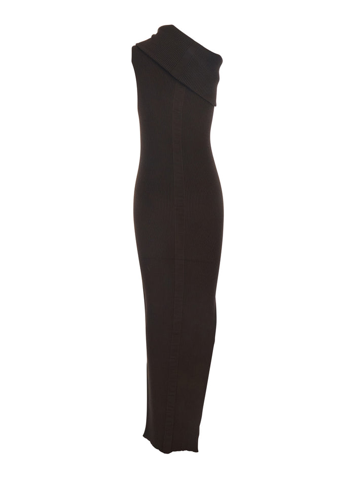 Athena Brown Ribbed Knit Sleeveless Asymmetric Long Dress with Wide Neckline in Viscose Blend Woman Polyester