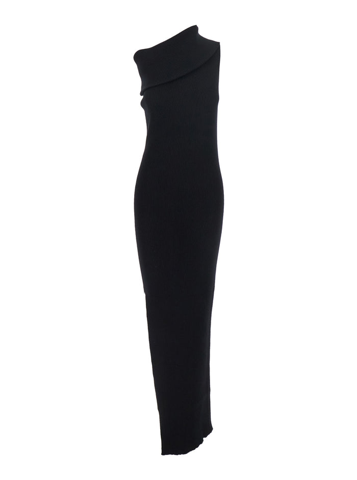 Athena Black Ribbed Knit Sleeveless Asymmetric Long Dress with Wide Neckline in Viscose Blend Woman Polyester